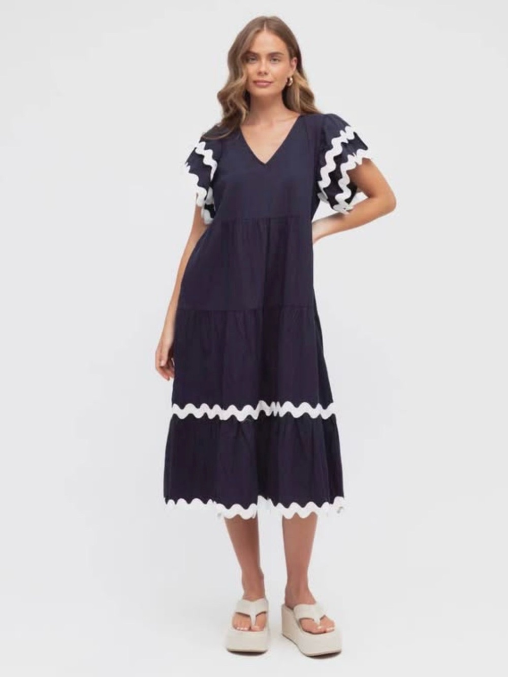 White Closet Elements Ric-Rac Navy/white Dress, Size Small